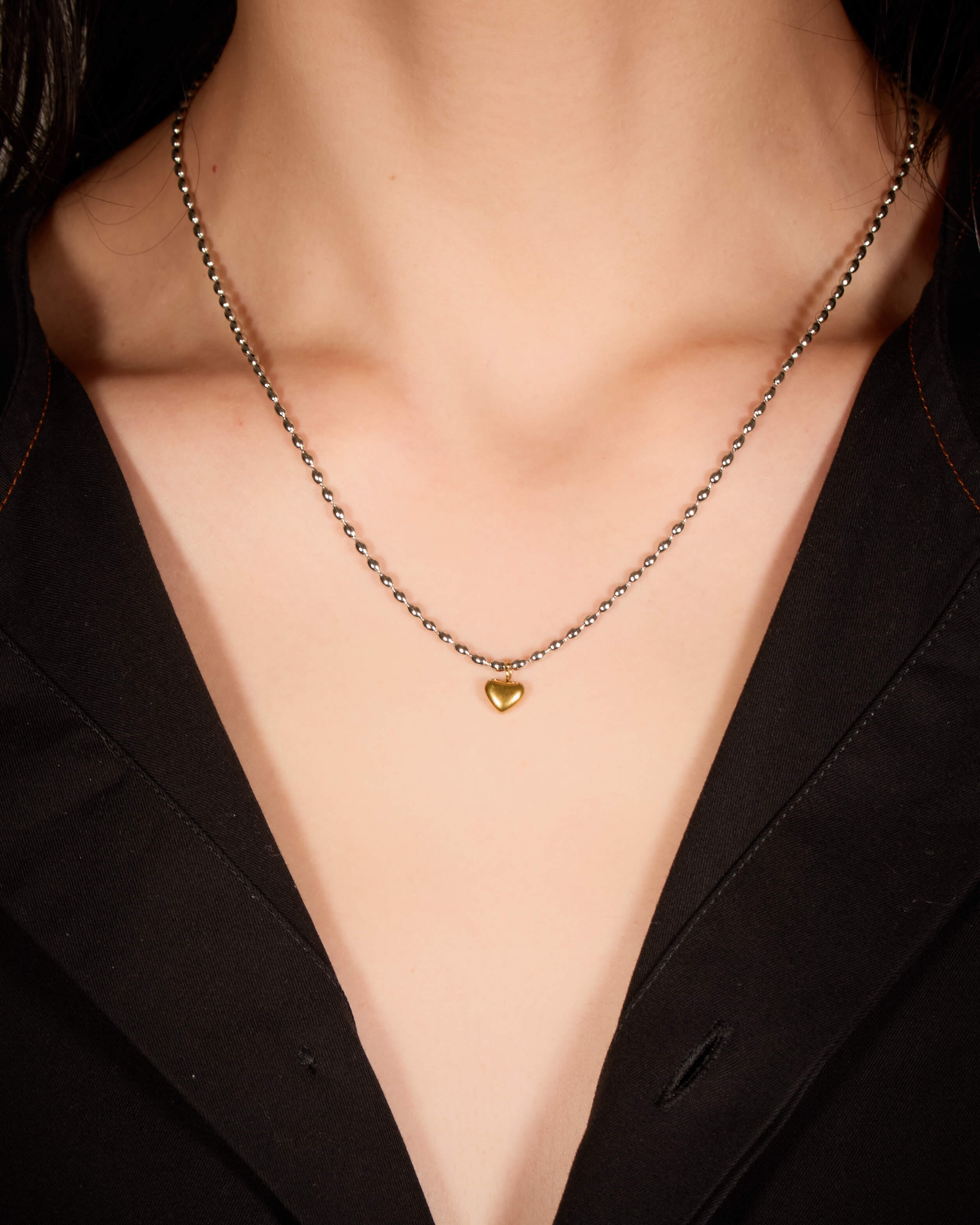 Ball Chain Heart Necklace - Silver
