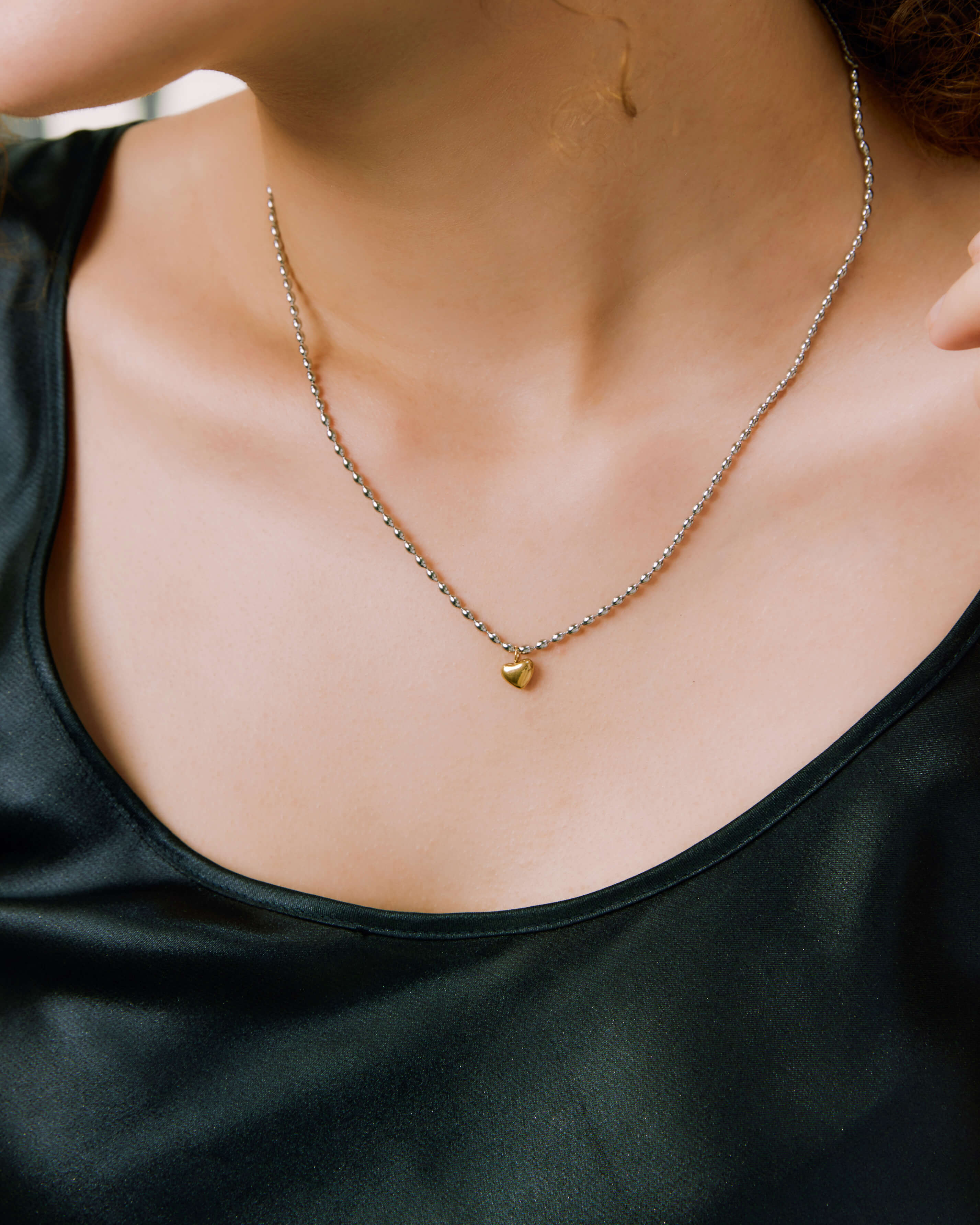 Ball Chain Heart Necklace - Silver