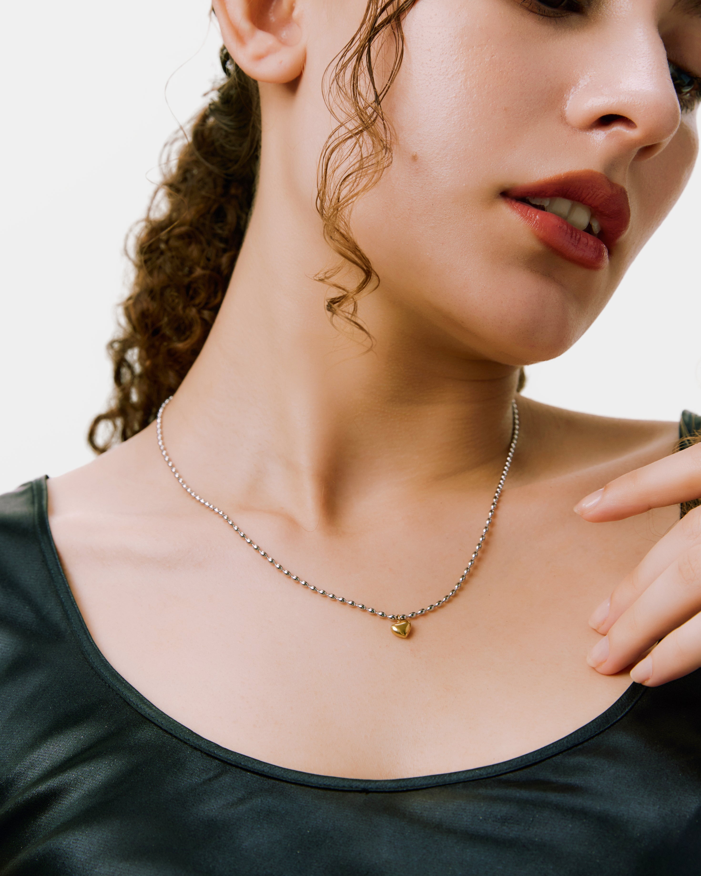 Ball Chain Heart Necklace - Silver