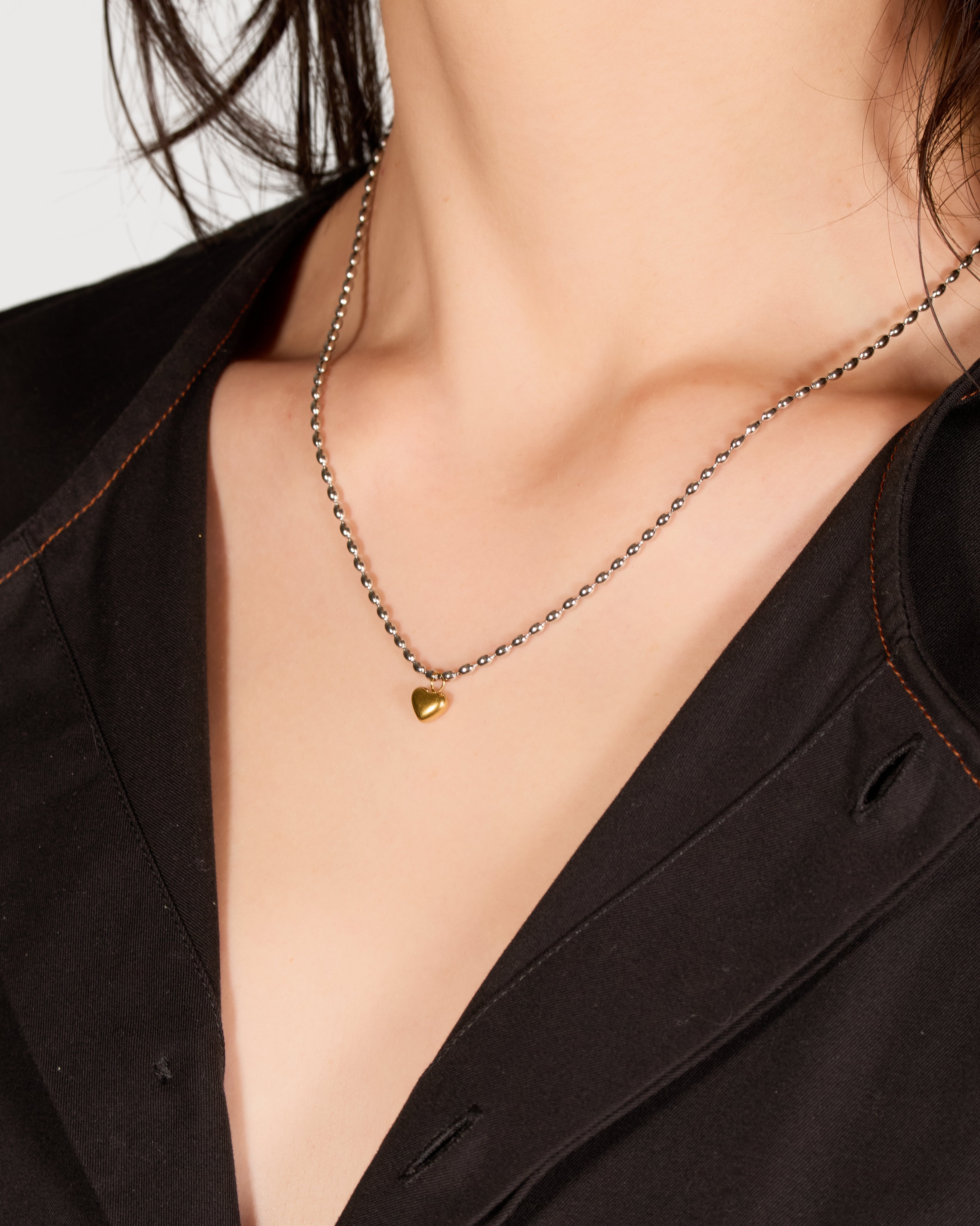 Ball Chain Heart Necklace - Silver