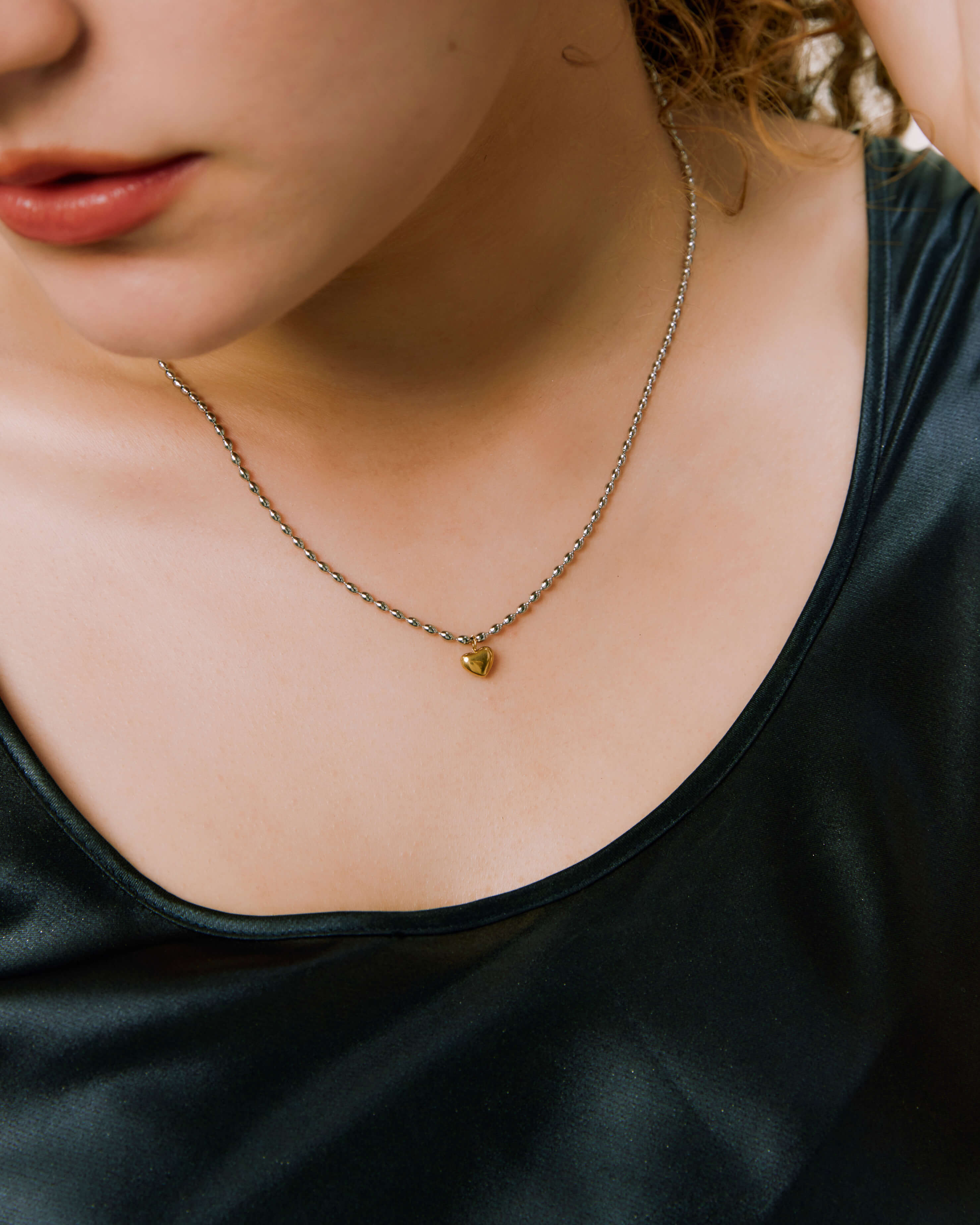 Ball Chain Heart Necklace - Silver