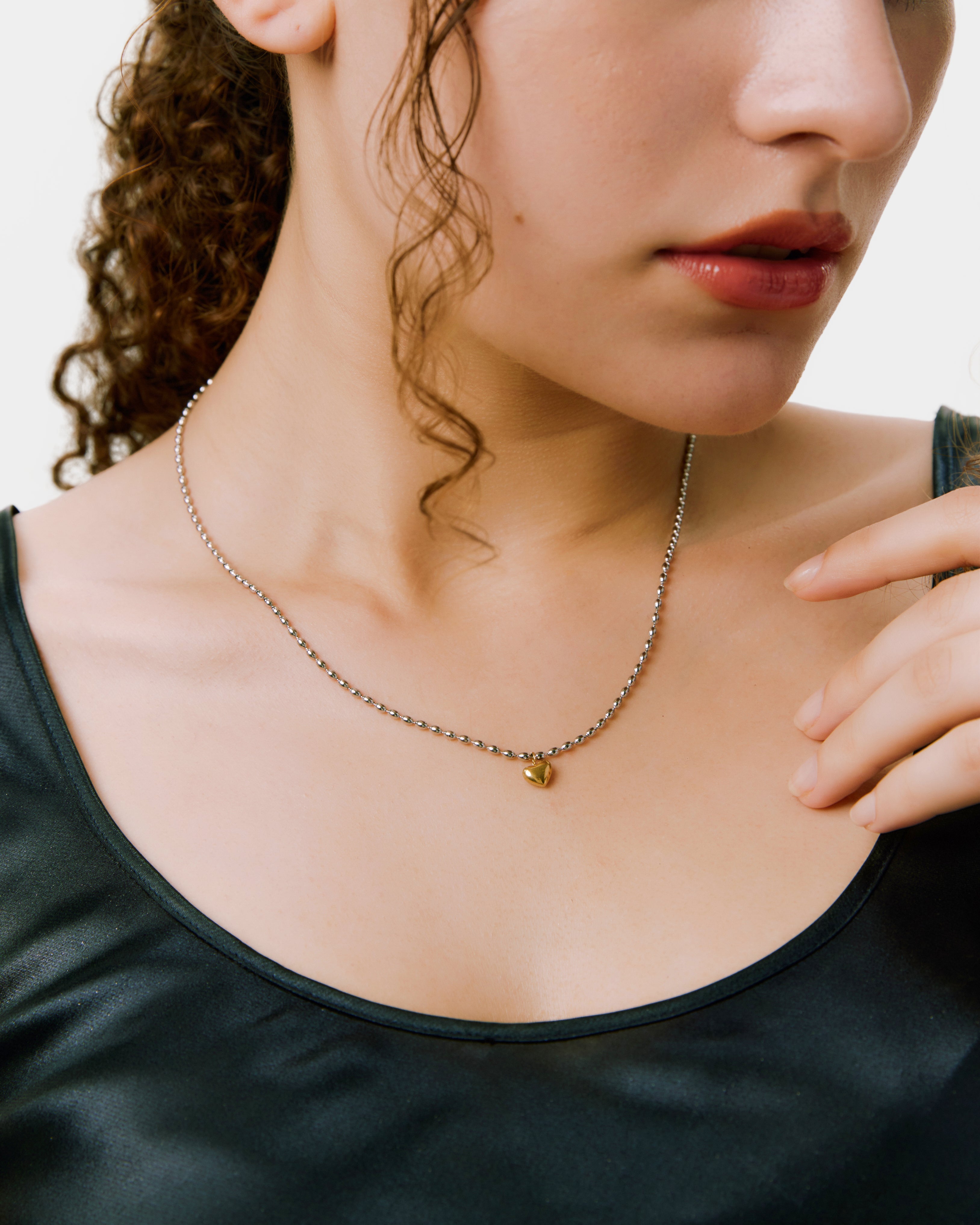 Ball Chain Heart Necklace - Silver